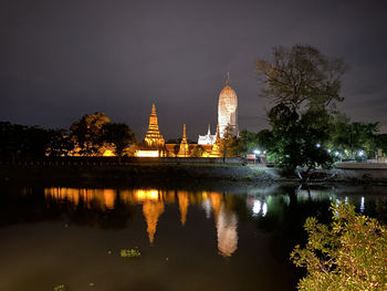 Reflection of illuminated buildings in lake