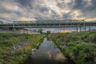 Bridge over river against cloudy sky