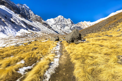 Scenic view of snowcapped mountains against sky