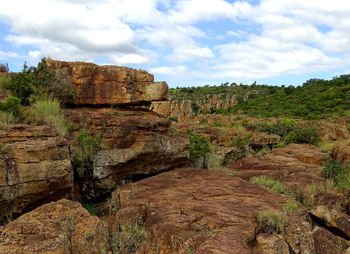 Rock formations on landscape against sky