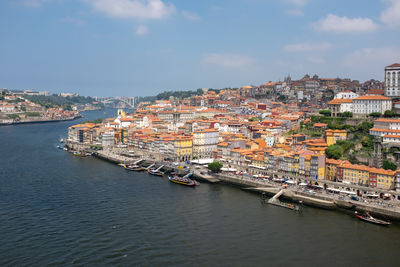 High angle view of river amidst buildings in city against sky