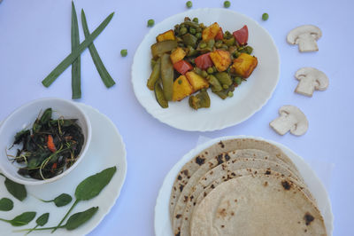 High angle view of meal served on table