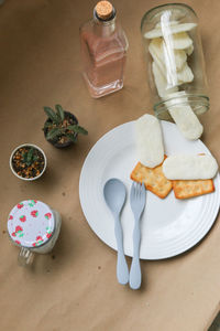 High angle view of ice cream in glass on table