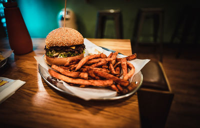 Close-up of burger on table