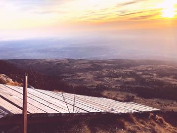 High angle view of landscape against sky during sunset