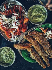 High angle view of meal served on table