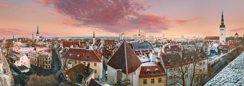 High angle view of cityscape against sky during sunset