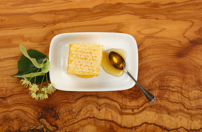 High angle view of breakfast in plate on table