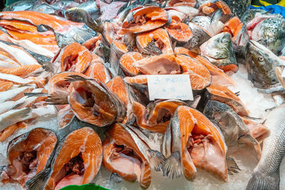 Pieces of salmon for sale at a market