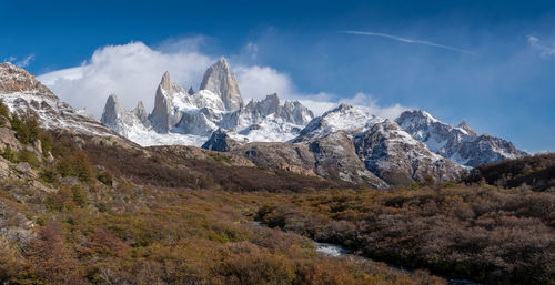 Scenic view of mountains against cloudy sky