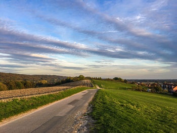 Road amidst agricultural field against sky