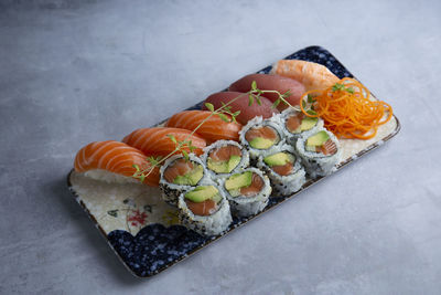 Close-up of sushi served in plate