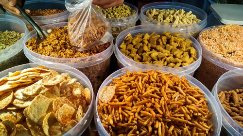 High angle view of food for sale at market stall