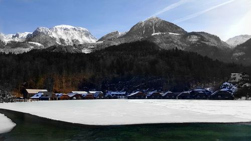 Scenic view of mountains against sky during winter