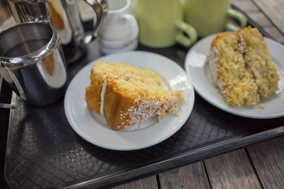 High angle view of breakfast served on table