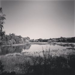 Scenic view of calm lake against clear sky