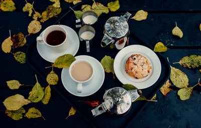 High angle view of breakfast on table outdoors in autumn