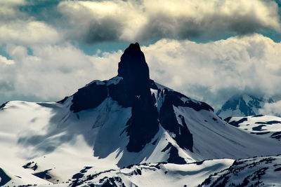 Scenic view of snowcapped mountain against cloudy sky