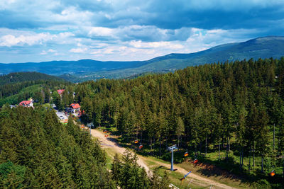 Aerial view of mountains with open cable cars lift, karpacz, poland