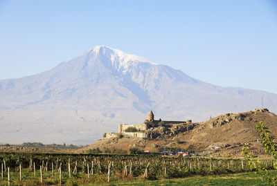 Scenic view of snowcapped mountains against clear sky