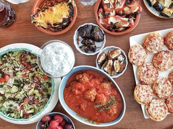 High angle view of food served on table