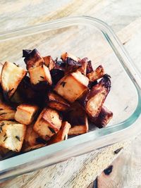 High angle view of meat on barbecue grill