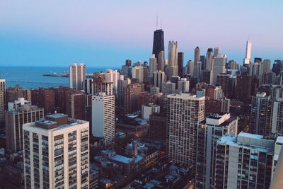 High angle shot of cityscape against clear sky