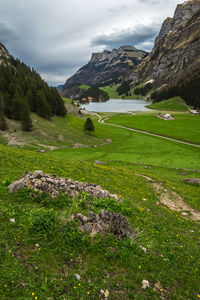 Scenic view of green mountains against sky