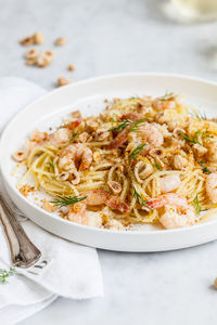 High angle view of noodles in bowl on table