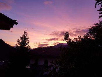 Low angle view of silhouette trees and buildings against sky during sunset