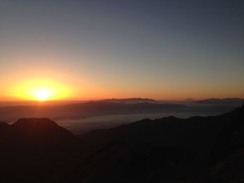 Scenic view of silhouette mountains against sky during sunset