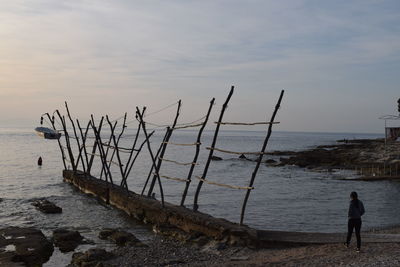 Rear view of man standing on beach against sky