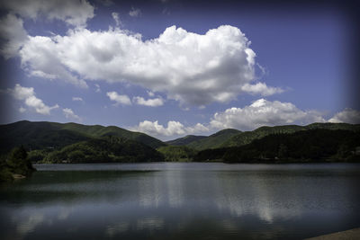 Scenic view of lake and mountains against sky