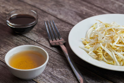 High angle view of pasta in bowl on table