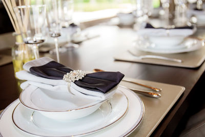 Close-up of cake served on table