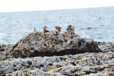 Rocks on beach against sky