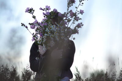 Close-up of flower tree on field against sky