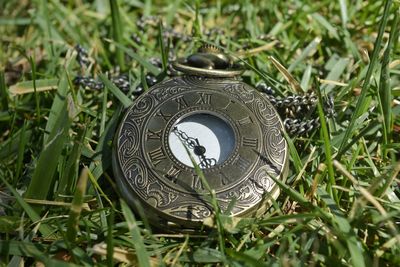 High angle view of pocket watch on grassy field