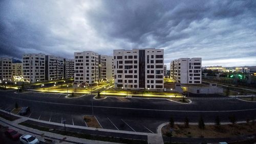 High angle view of buildings against sky