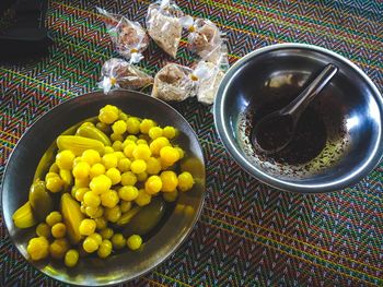 High angle view of fruits in bowl on table