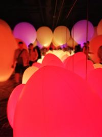 Close-up of balloons against pink lights at night