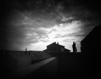 Silhouette man standing by building against sky