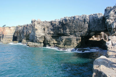 Scenic view of rock formation against clear blue sky