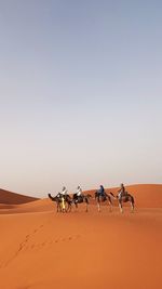 Horse cart in desert against clear sky