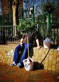 Rear view of woman sitting on bench at park