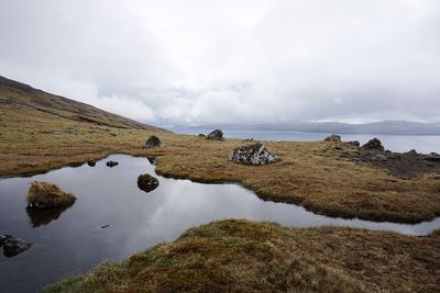 Scenic view of lake against cloudy sky