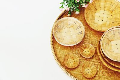 High angle view of wicker basket on table