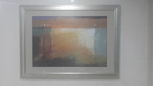 Close-up of glass window with open door