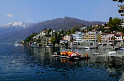 Buildings and mountains by lake