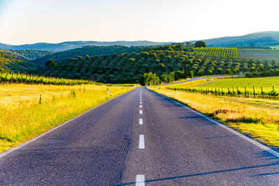 Empty road amidst field against sky